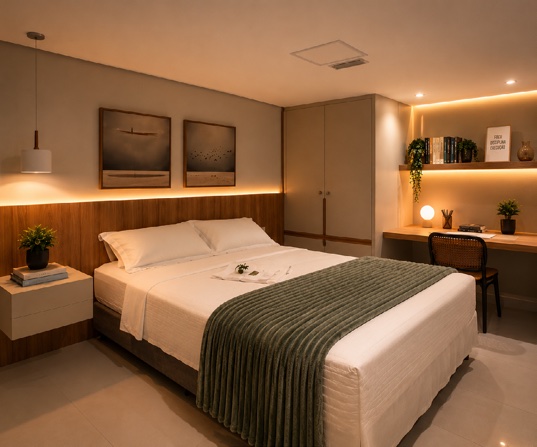 Quarto da casa CasaWork, com iluminação quente e madeira